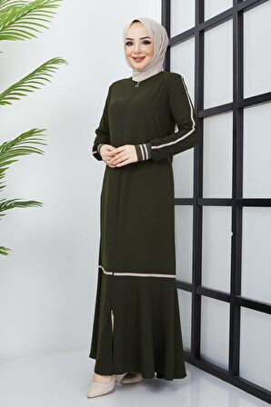 Çizgi Detaylı Haki Ferace 